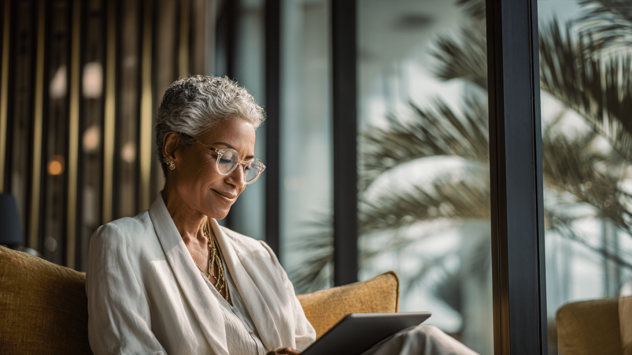 u A sophisticated woman in her s sitting in a sun a b c d cef cf bec e ddbc b e